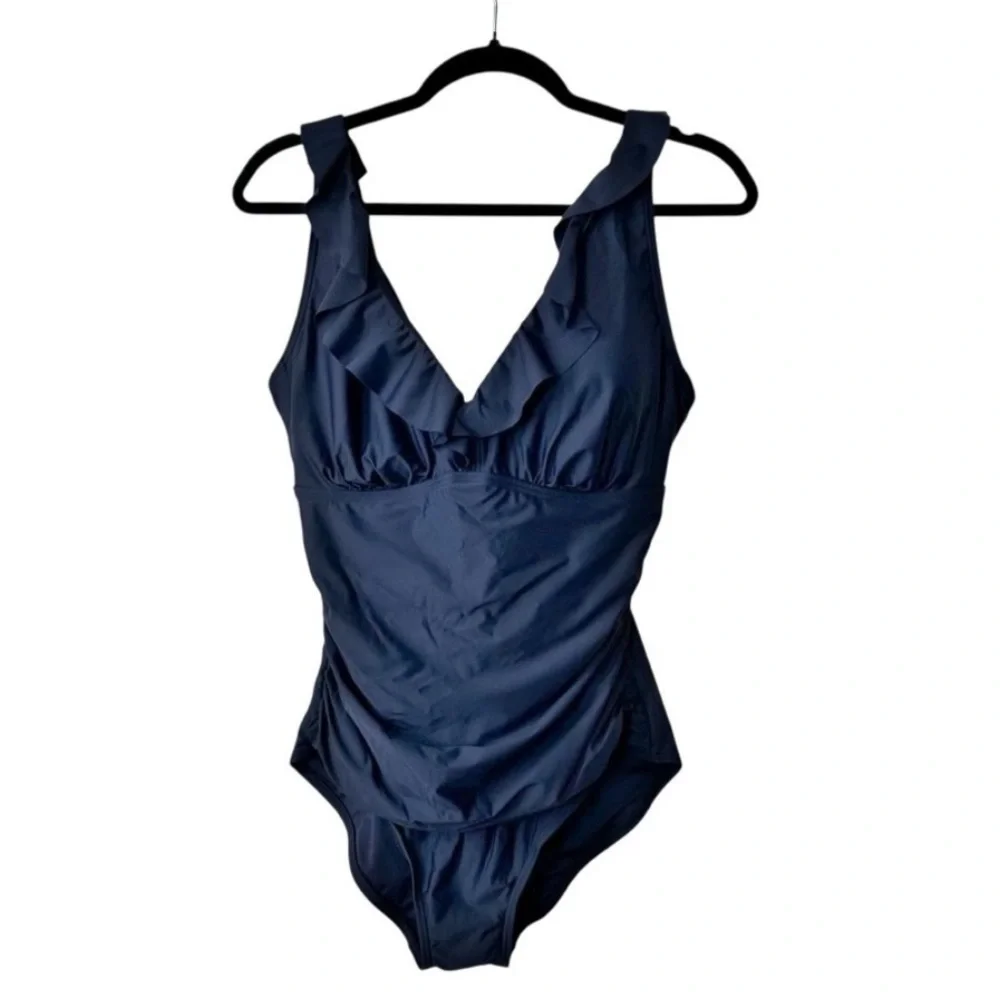 DKNY Womens Ruffle Navy One Piece Swimsuit SZ Medium - Picture 2 of 6